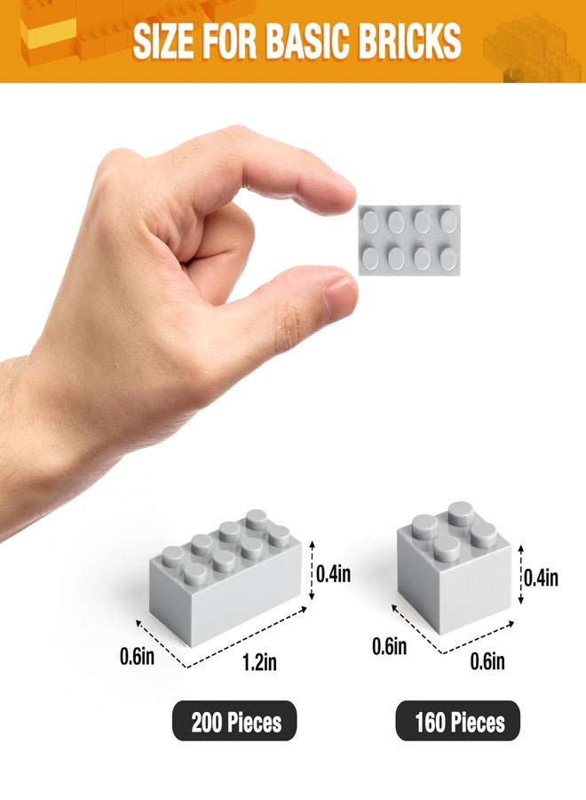 MANNIDOO 360 Pieces Building Bricks, Classic Basic Flats Parts and Pieces - 2x4 Brick x200 and 2x2 Brick x160, Moc Building Bulks Compatible with All Major Brands, Light Grey - Image 2